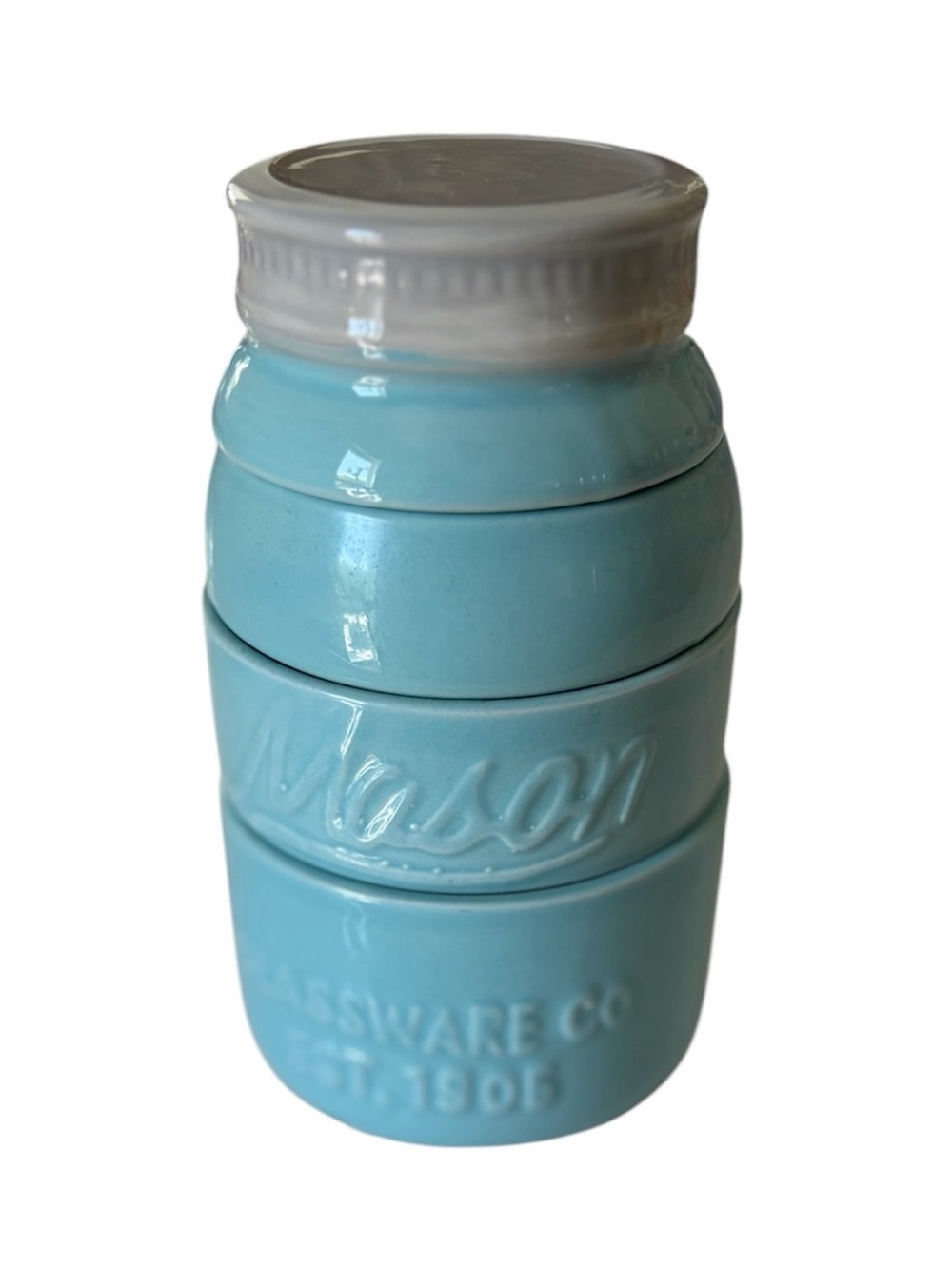 Mason Stackable Ceramic Jar in Light Blue with White Lid